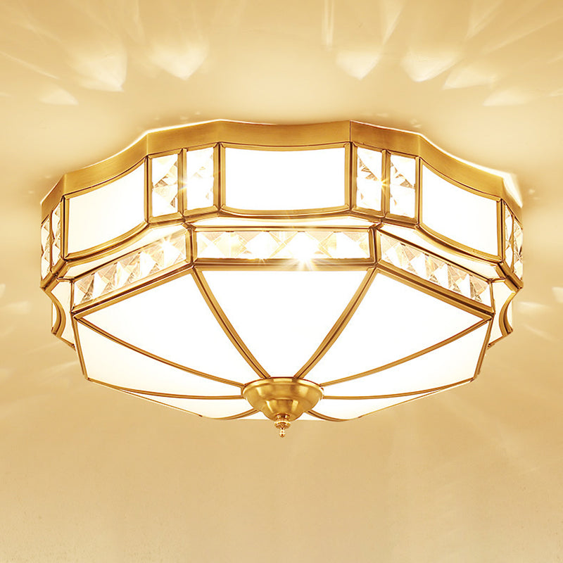 Traditional European Copper Glass Crystal Round 3/4/6 Light Flush Mount Lighting For Living Room