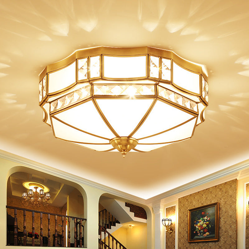 Traditional European Copper Glass Crystal Round 3/4/6 Light Flush Mount Lighting For Living Room