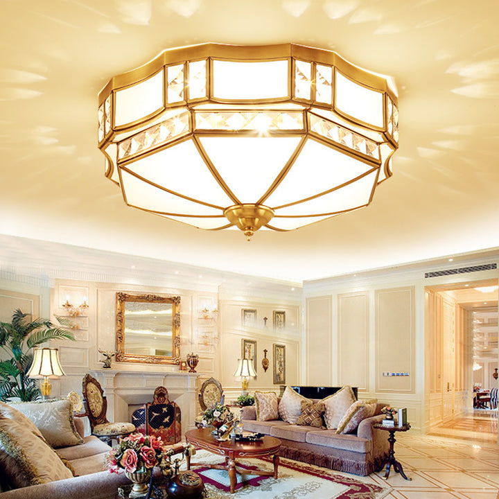 Traditional European Copper Glass Crystal Round 3/4/6 Light Flush Mount Lighting For Living Room