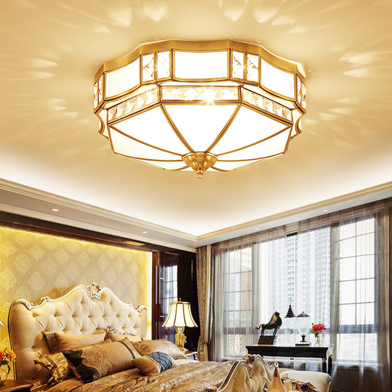 Traditional European Copper Glass Crystal Round 3/4/6 Light Flush Mount Lighting For Living Room