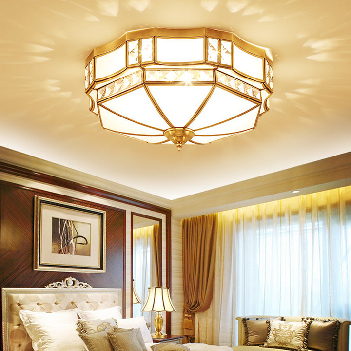 Traditional European Copper Glass Crystal Round 3/4/6 Light Flush Mount Lighting For Living Room