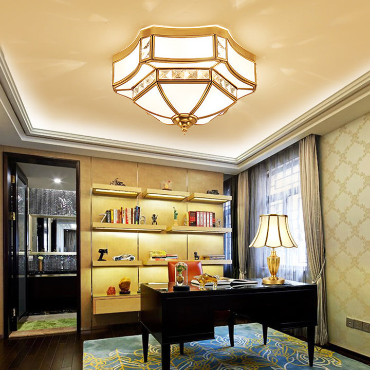 Traditional European Copper Glass Crystal Round 3/4/6 Light Flush Mount Lighting For Living Room