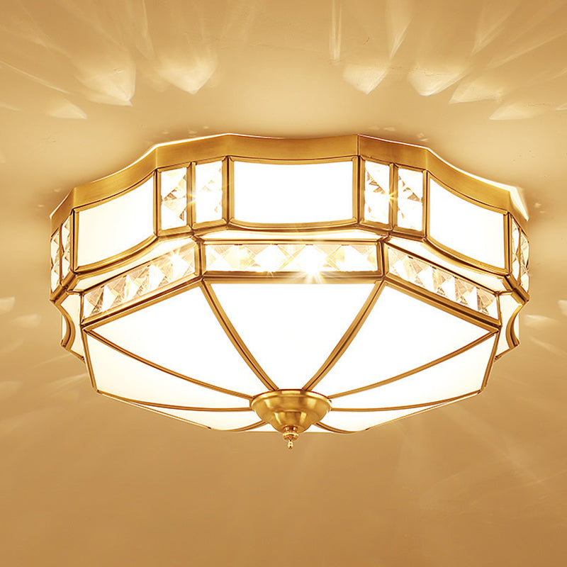 Traditional European Copper Glass Crystal Round 3/4/6 Light Flush Mount Lighting For Living Room