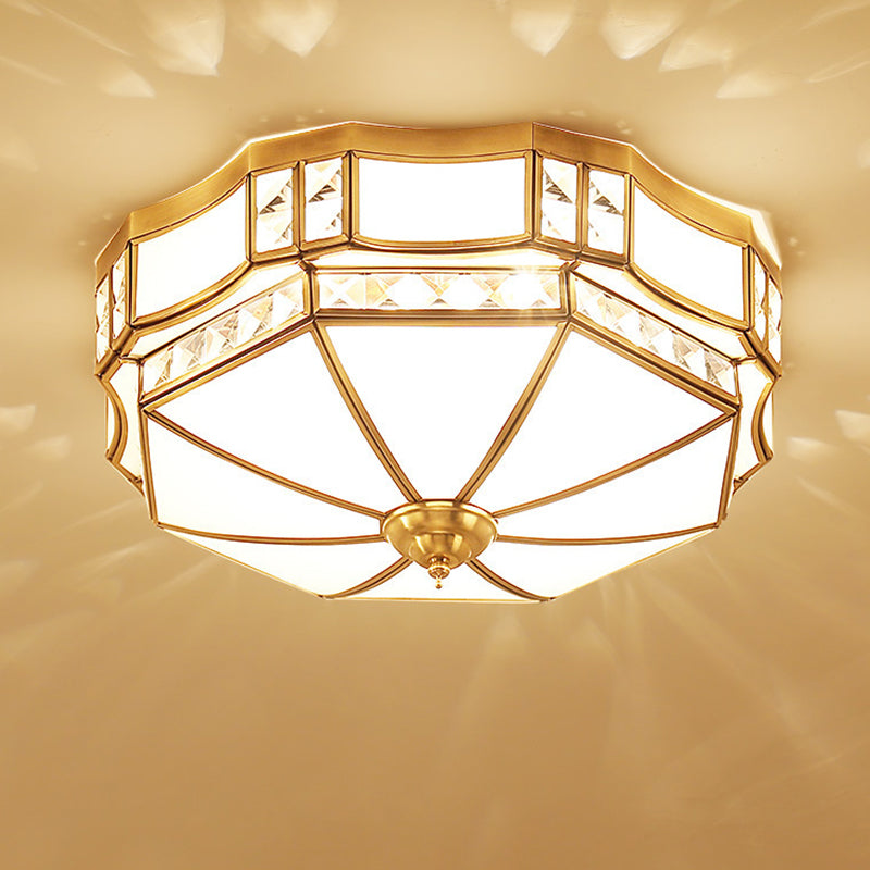 Traditional European Copper Glass Crystal Round 3/4/6 Light Flush Mount Lighting For Living Room