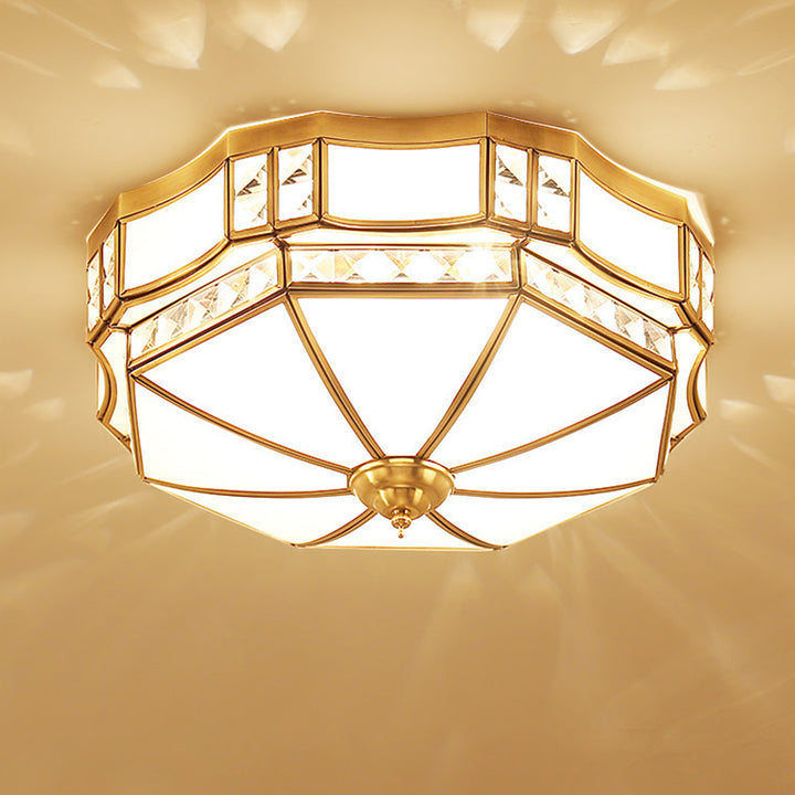 Traditional European Copper Glass Crystal Round 3/4/6 Light Flush Mount Lighting For Living Room