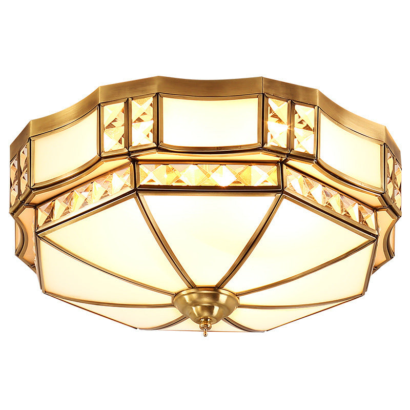 Traditional European Copper Glass Crystal Round 3/4/6 Light Flush Mount Lighting For Living Room