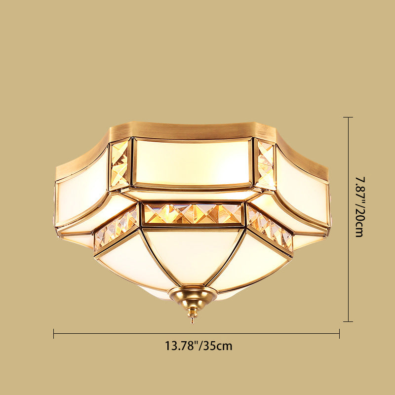 Traditional European Copper Glass Crystal Round 3/4/6 Light Flush Mount Lighting For Living Room