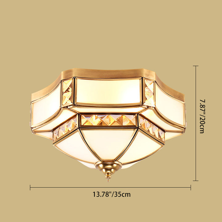 Traditional European Copper Glass Crystal Round 3/4/6 Light Flush Mount Lighting For Living Room