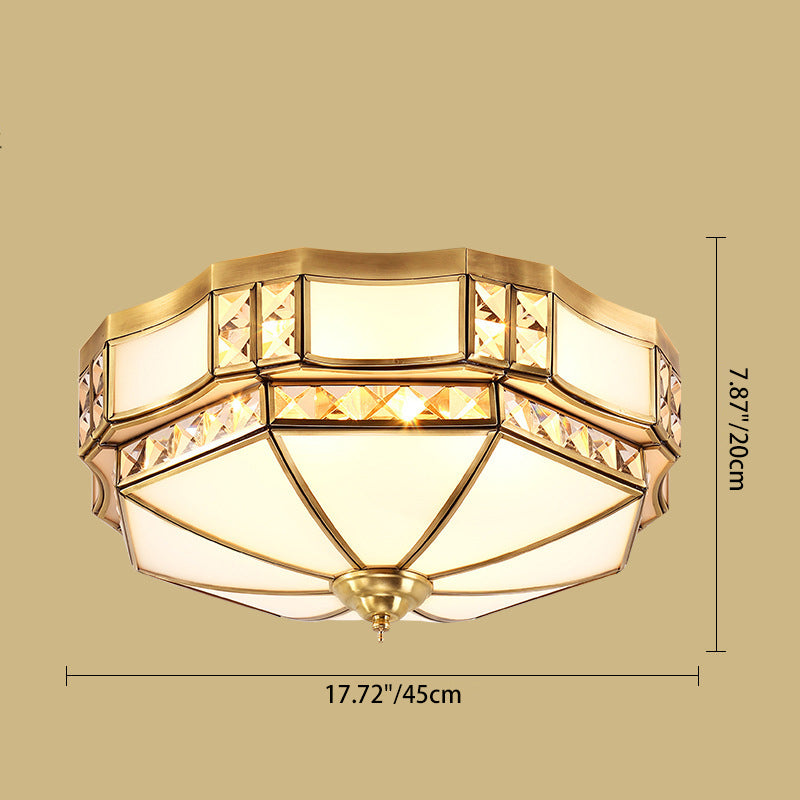 Traditional European Copper Glass Crystal Round 3/4/6 Light Flush Mount Lighting For Living Room