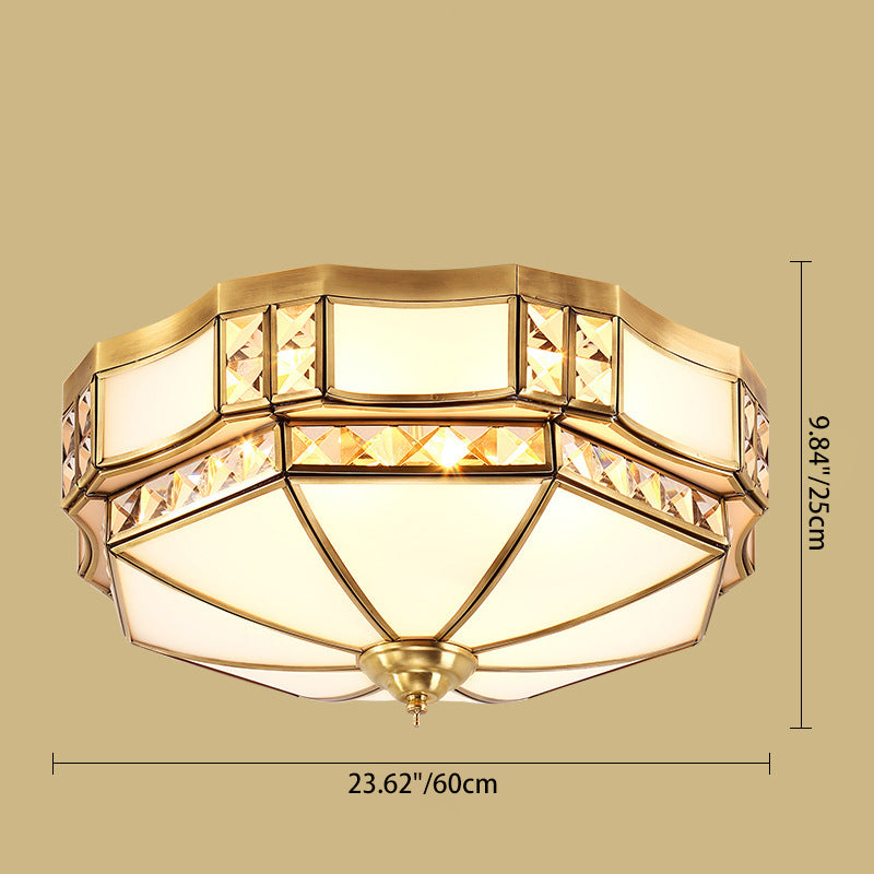 Traditional European Copper Glass Crystal Round 3/4/6 Light Flush Mount Lighting For Living Room