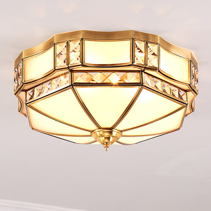 Traditional European Copper Glass Crystal Round 3/4/6 Light Flush Mount Lighting For Living Room