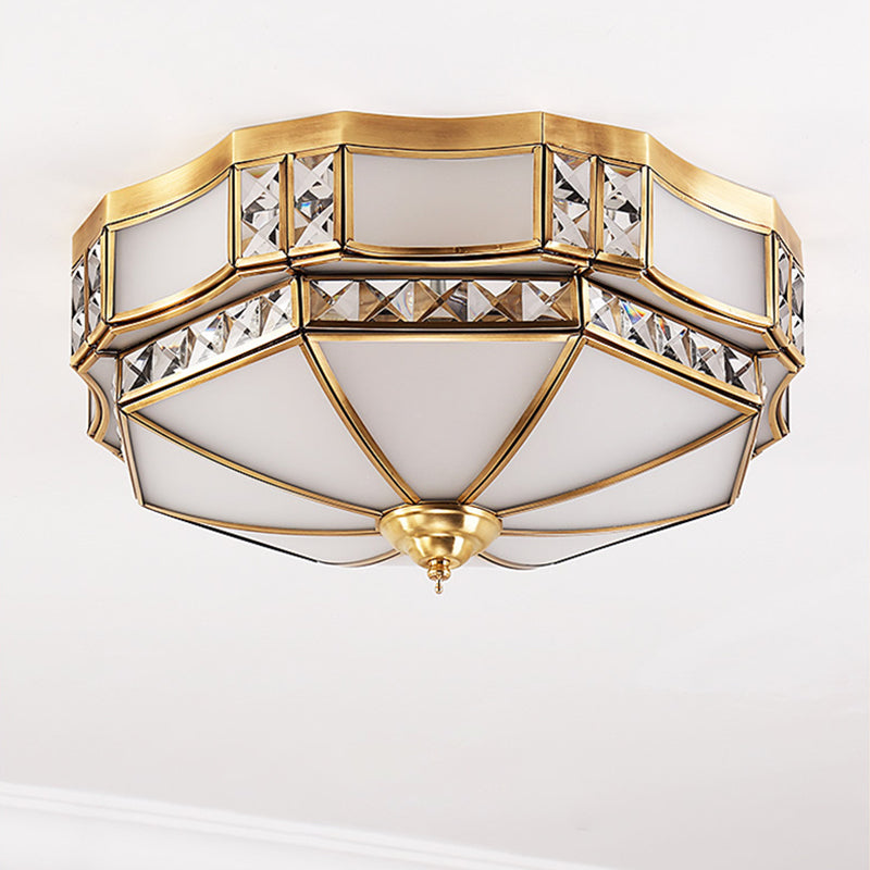 Traditional European Copper Glass Crystal Round 3/4/6 Light Flush Mount Lighting For Living Room