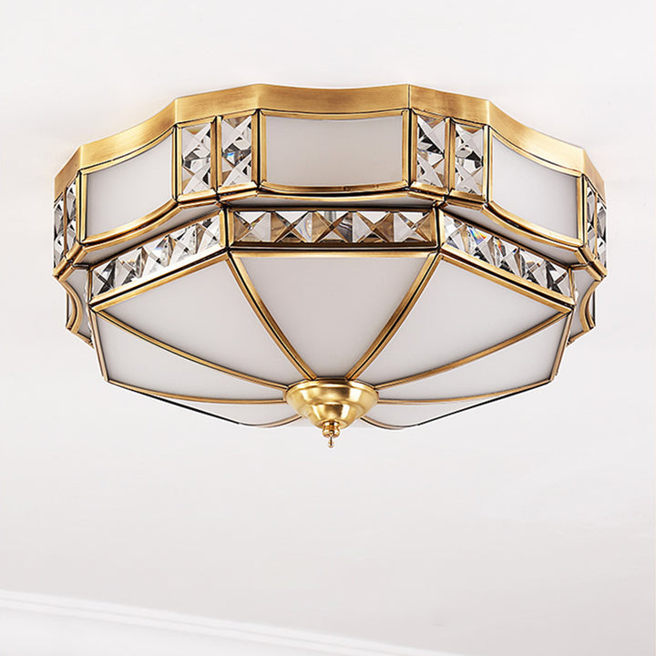 Traditional European Copper Glass Crystal Round 3/4/6 Light Flush Mount Lighting For Living Room