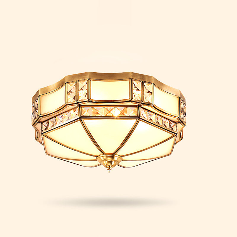 Traditional European Copper Glass Crystal Round 3/4/6 Light Flush Mount Lighting For Living Room