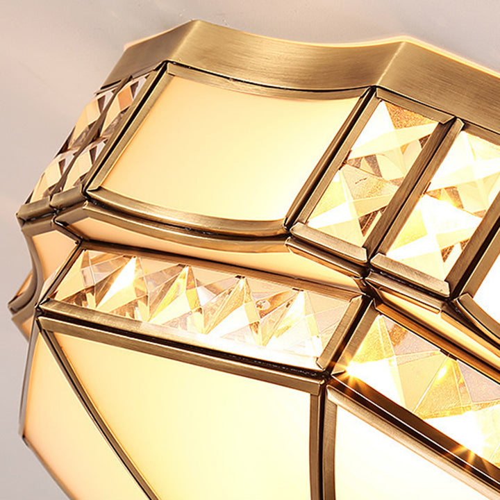Traditional European Copper Glass Crystal Round 3/4/6 Light Flush Mount Lighting For Living Room