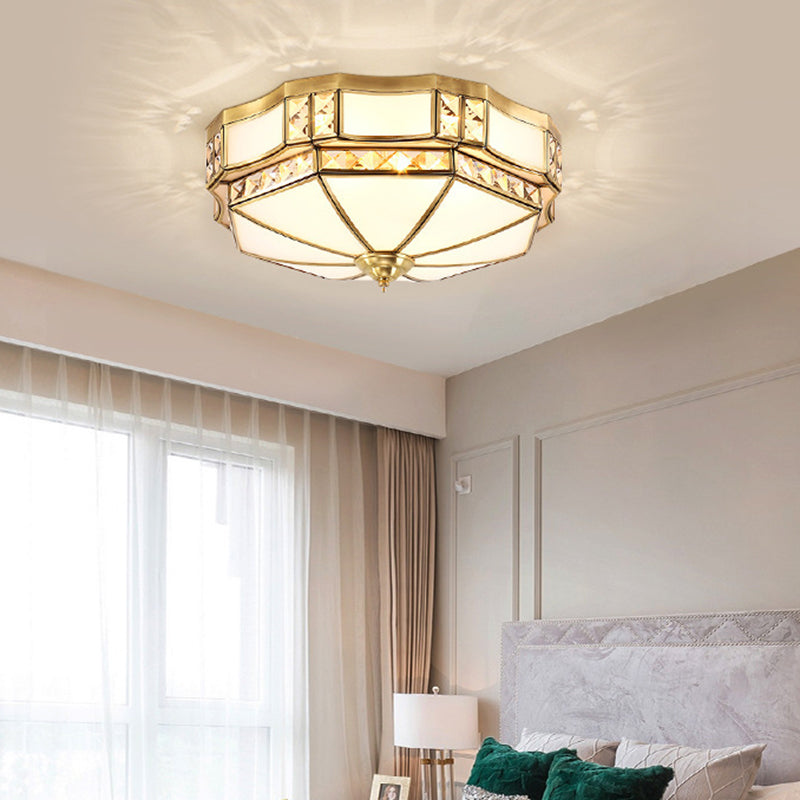 Traditional European Copper Glass Crystal Round 3/4/6 Light Flush Mount Lighting For Living Room