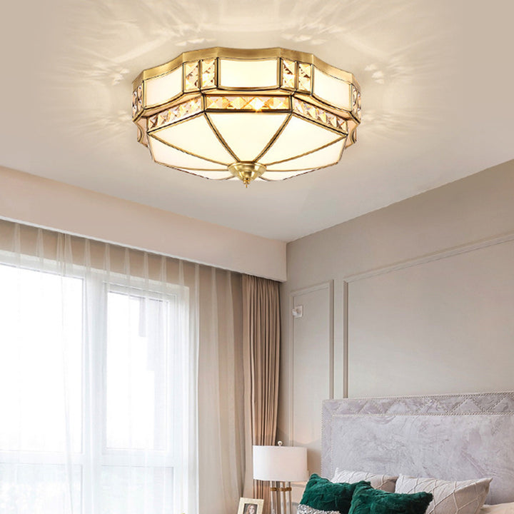 Traditional European Copper Glass Crystal Round 3/4/6 Light Flush Mount Lighting For Living Room