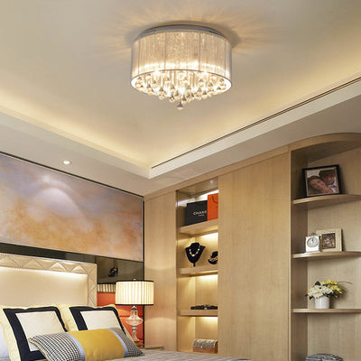 Modern Luxury Iron Crystal Stainless Steel Fabric Round 4/5 Light Semi-Flush Mount Lighting For Bedroom