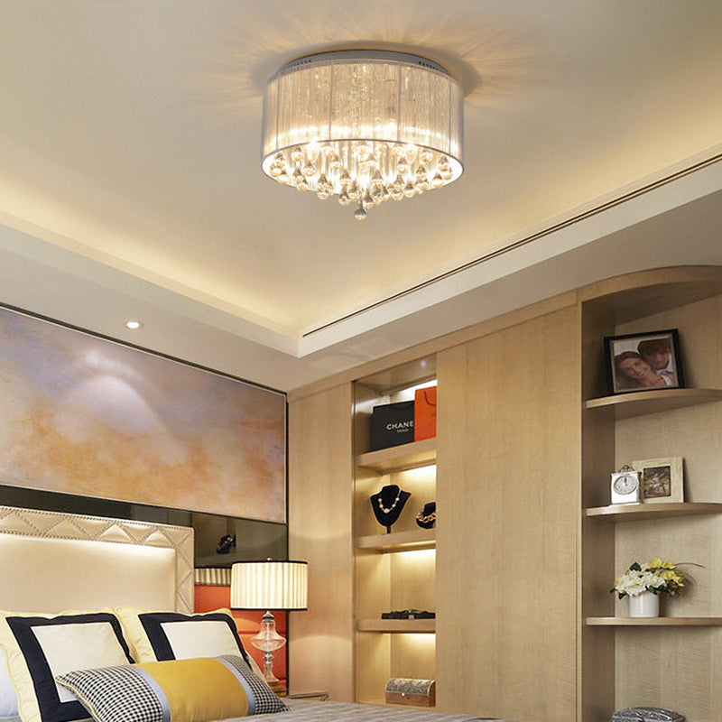 Modern Luxury Iron Crystal Stainless Steel Fabric Round 4/5 Light Semi-Flush Mount Lighting For Bedroom