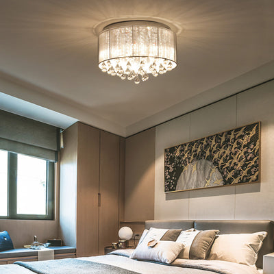 Modern Luxury Iron Crystal Stainless Steel Fabric Round 4/5 Light Semi-Flush Mount Lighting For Bedroom