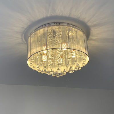 Modern Luxury Iron Crystal Stainless Steel Fabric Round 4/5 Light Semi-Flush Mount Lighting For Bedroom