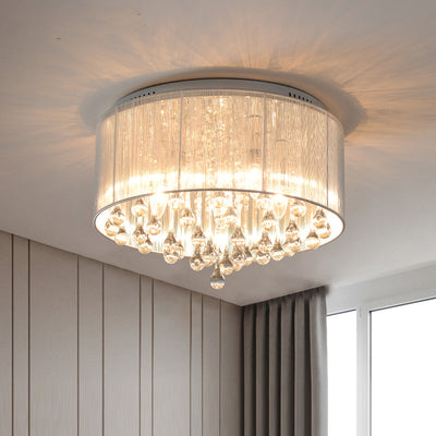 Modern Luxury Iron Crystal Stainless Steel Fabric Round 4/5 Light Semi-Flush Mount Lighting For Bedroom