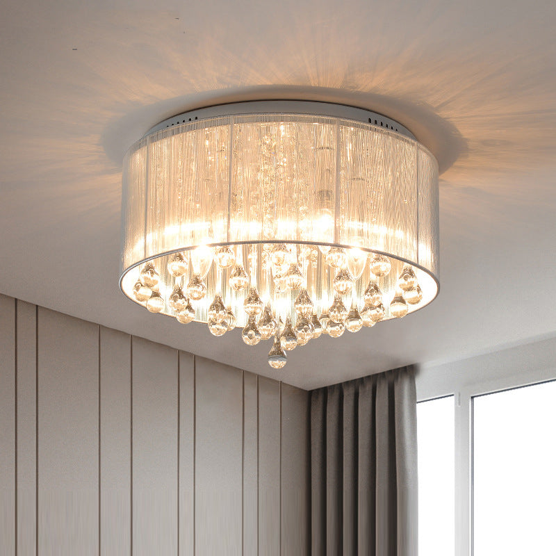 Modern Luxury Iron Crystal Stainless Steel Fabric Round 4/5 Light Semi-Flush Mount Lighting For Bedroom
