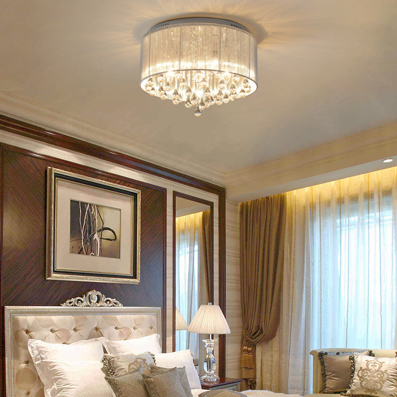 Modern Luxury Iron Crystal Stainless Steel Fabric Round 4/5 Light Semi-Flush Mount Lighting For Bedroom