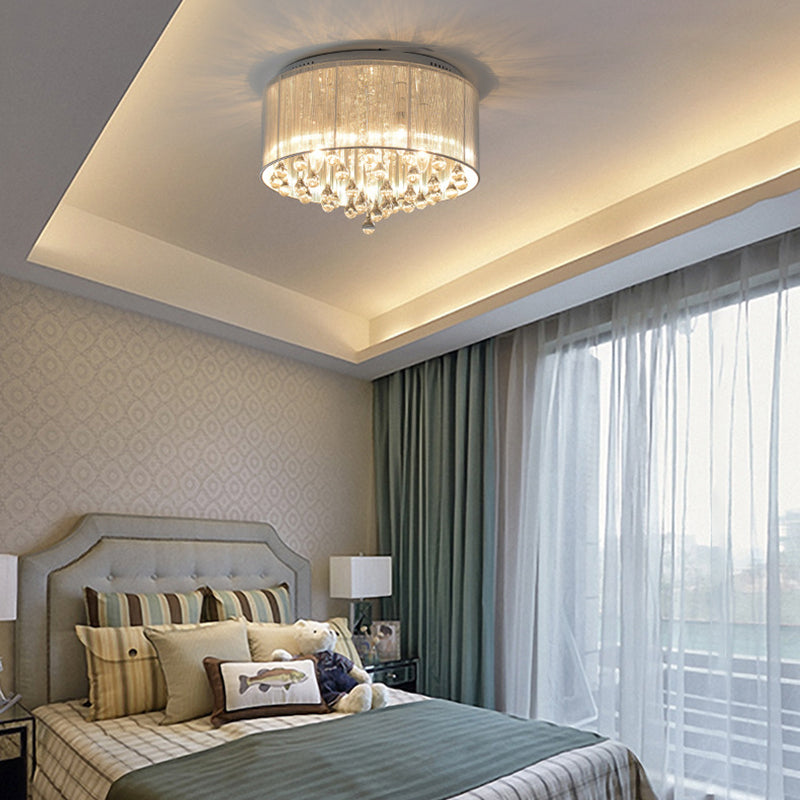Modern Luxury Iron Crystal Stainless Steel Fabric Round 4/5 Light Semi-Flush Mount Lighting For Bedroom