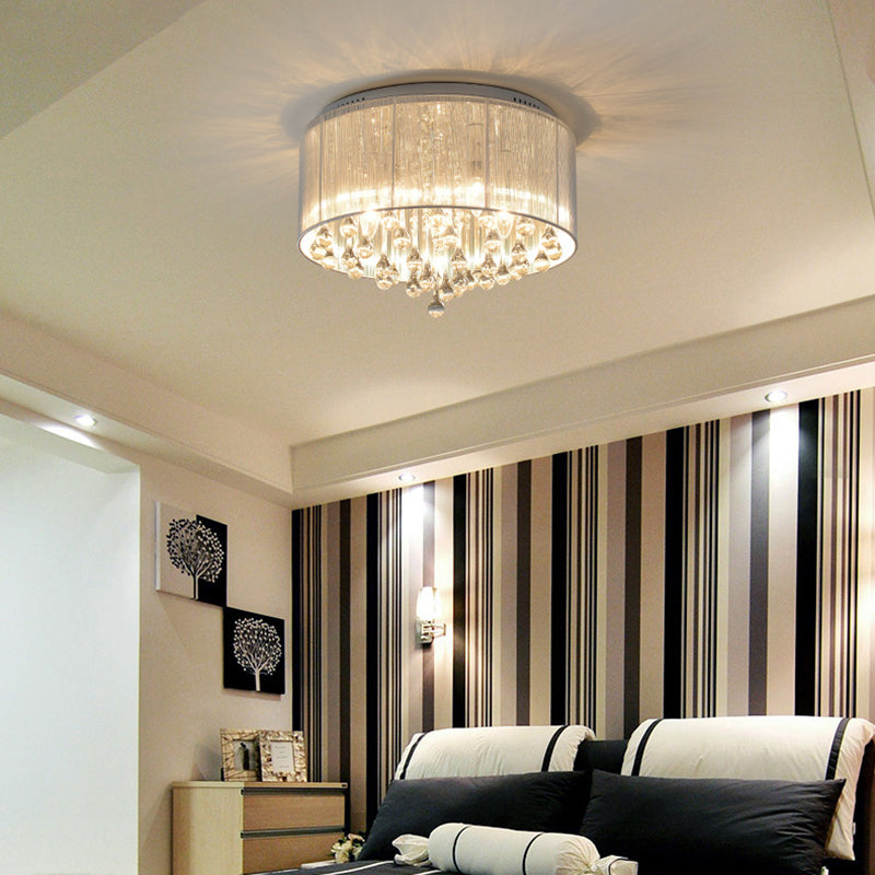 Modern Luxury Iron Crystal Stainless Steel Fabric Round 4/5 Light Semi-Flush Mount Lighting For Bedroom