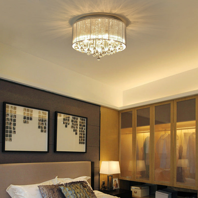 Modern Luxury Iron Crystal Stainless Steel Fabric Round 4/5 Light Semi-Flush Mount Lighting For Bedroom