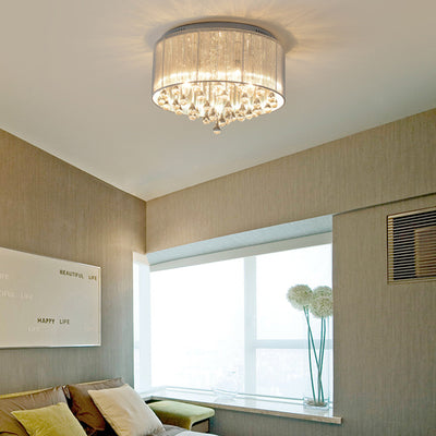 Modern Luxury Iron Crystal Stainless Steel Fabric Round 4/5 Light Semi-Flush Mount Lighting For Bedroom