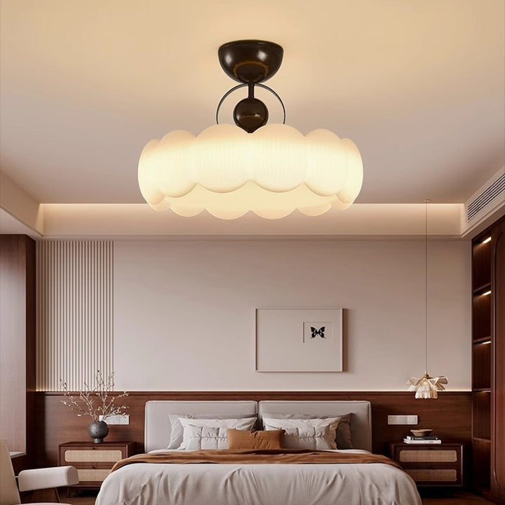Traditional French Iron PE Wood Round Flower LED Semi-Flush Mount Lighting For Bedroom
