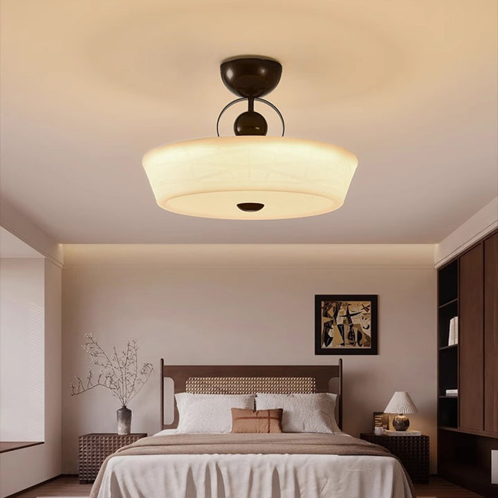 Traditional French Iron PE Wood Round Flower LED Semi-Flush Mount Lighting For Bedroom