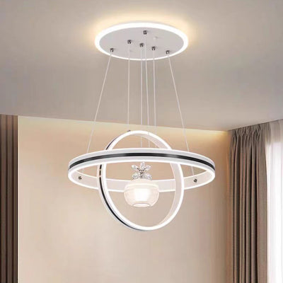 Lámpara de araña LED redonda moderna de lujo de ABS, hierro, aluminio, acrílico y sílice para comedor 