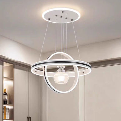 Lámpara de araña LED redonda moderna de lujo de ABS, hierro, aluminio, acrílico y sílice para comedor 