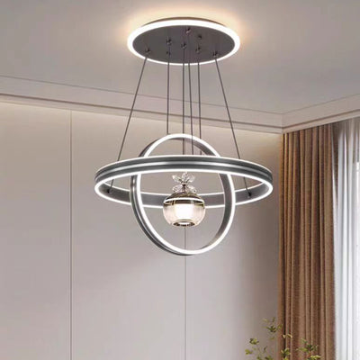 Lámpara de araña LED redonda moderna de lujo de ABS, hierro, aluminio, acrílico y sílice para comedor 