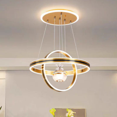Lámpara de araña LED redonda moderna de lujo de ABS, hierro, aluminio, acrílico y sílice para comedor 