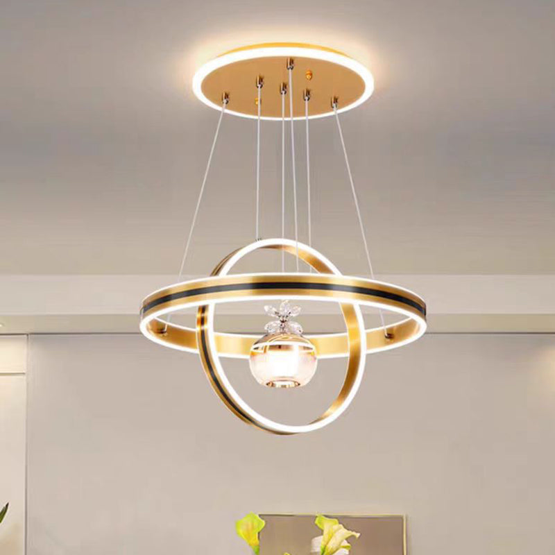 Lámpara de araña LED redonda moderna de lujo de ABS, hierro, aluminio, acrílico y sílice para comedor 