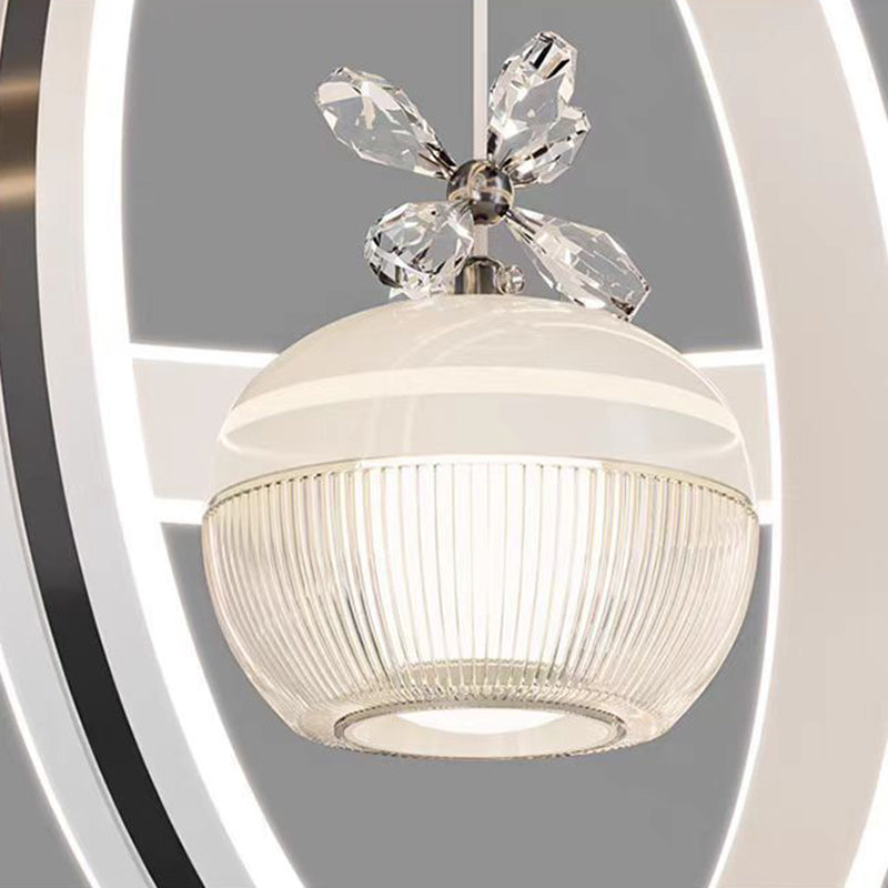 Lámpara de araña LED redonda moderna de lujo de ABS, hierro, aluminio, acrílico y sílice para comedor 