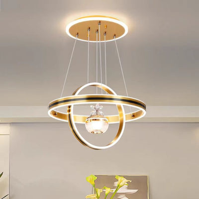 Lámpara de araña LED redonda moderna de lujo de ABS, hierro, aluminio, acrílico y sílice para comedor 