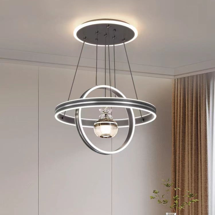 Lámpara de araña LED redonda moderna de lujo de ABS, hierro, aluminio, acrílico y sílice para comedor 