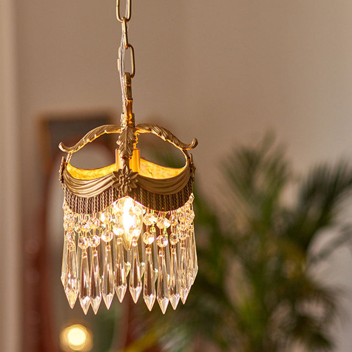 Lustre suspendu 1 lumière avec couronne en cristal vintage traditionnelle en cuivre pour chambre 