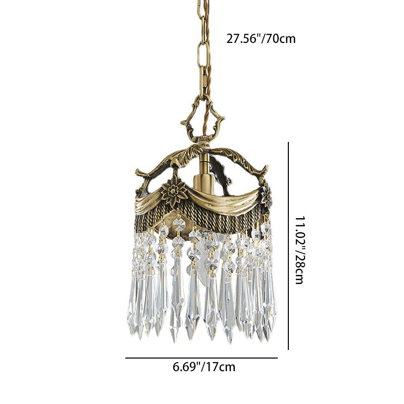 Lustre suspendu 1 lumière avec couronne en cristal vintage traditionnelle en cuivre pour chambre 