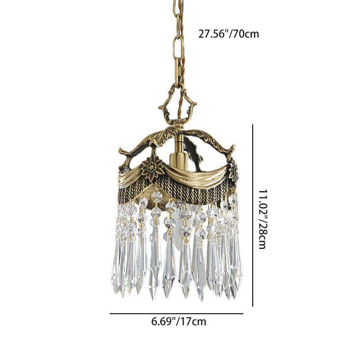 Lustre suspendu 1 lumière avec couronne en cristal vintage traditionnelle en cuivre pour chambre 