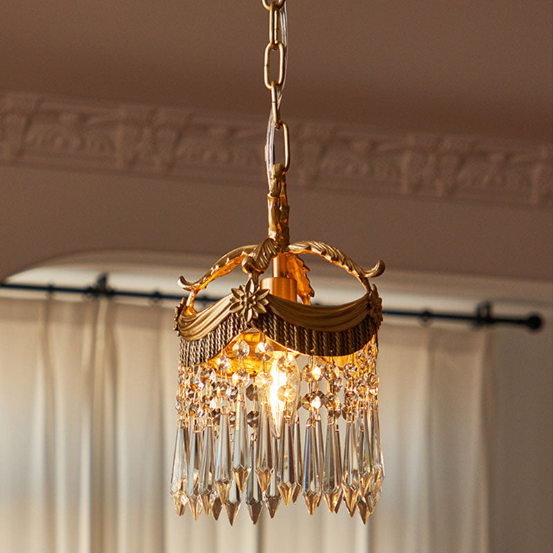 Lustre suspendu 1 lumière avec couronne en cristal vintage traditionnelle en cuivre pour chambre 