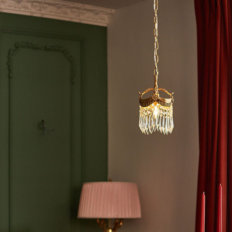 Lustre suspendu 1 lumière avec couronne en cristal vintage traditionnelle en cuivre pour chambre 