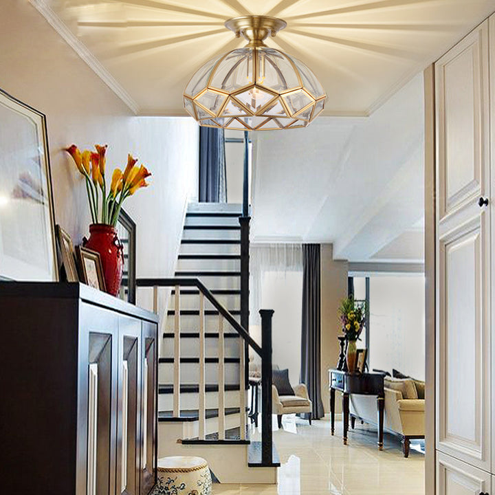 Modern Luxury Copper Glass Round 1-Light Semi-Flush Mount Ceiling Light For Hallway