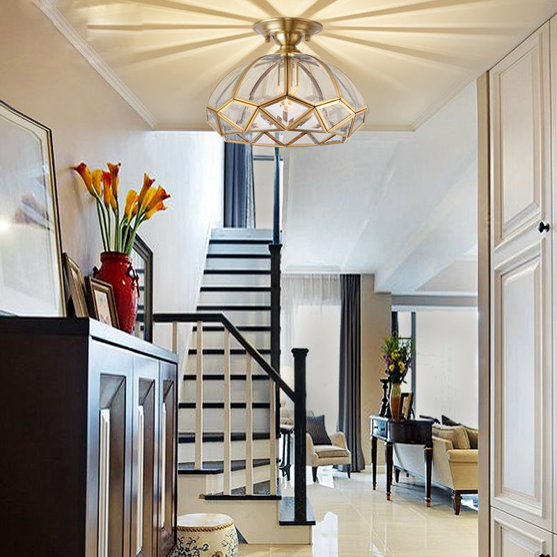 Modern Luxury Copper Glass Round 1-Light Semi-Flush Mount Ceiling Light For Hallway