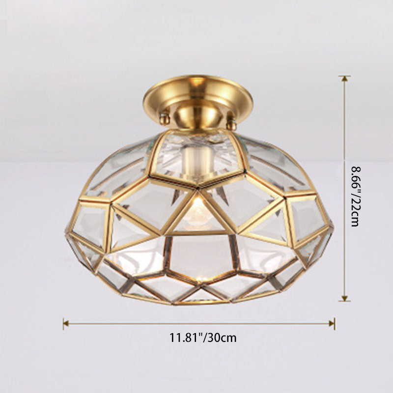 Modern Luxury Copper Glass Round 1-Light Semi-Flush Mount Ceiling Light For Hallway
